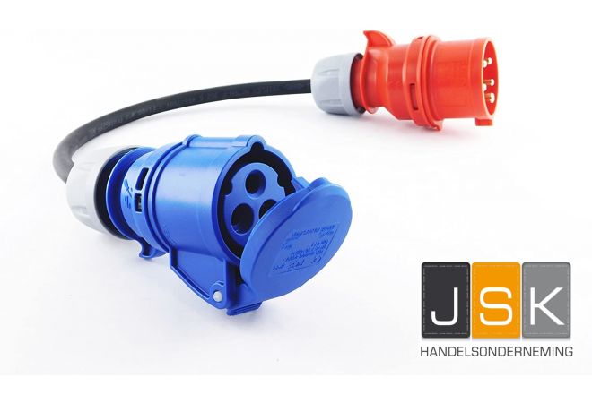 Verloopstekker 3 fase naar 1 fase 16A | Plug 16A 5p => Socket 16A 3p | 165163 - JSK Handelsonderneming