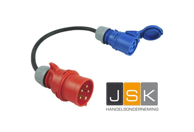 CEE Verloopstekker 3 fase 32A naar 1 fase 32A | 325323 | 3 fase 32A naar CEE 1 fase adapter - JSK Handelsonderneming