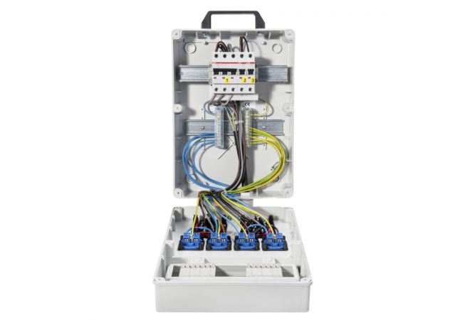 080.024.0021-Z | 2x16A 5p 400V | Netaansluiting: CEE16A | 4x randaarde-contactdozen 2p 230V 16A | Aardlekschakelaar: 30 mA (standaard) - JSK Handelsonderneming