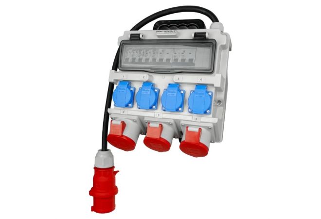 Wandverdeelkast met aansluitsnoer CEE 32A | 2 x CEE-16/400 V stopcontact, 1 x CEE-32/400 V en 4 x 230 V geaarde stopcontacten | incl. 32A en 16A zekeringautomaten