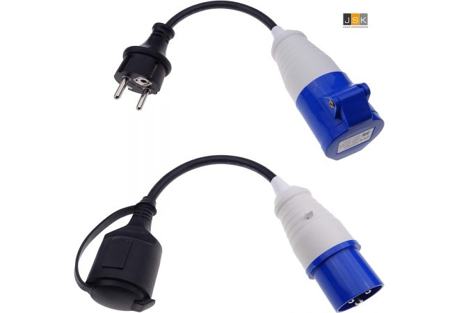 Actie CEE Camping verloop stekker adapter set | 2x adapterkabel CEE 0,3 meter zwart 230V 16A 3-polig 163162