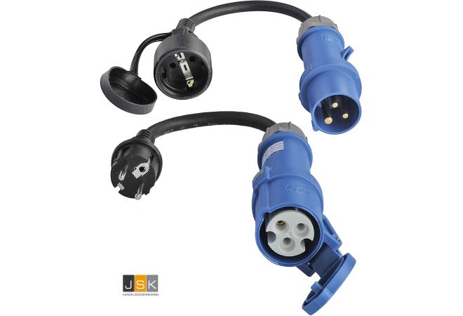 CEE Camping stekker set | 2x adapterkabel CEE 0,3 meter zwart, 3x2,5mm² 230V 16A 3-polig 163162