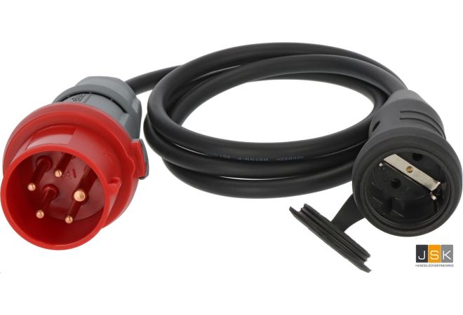 Generator Verloop Adapter Stekker 16A van CEE 5-polig Stekker naar Schuko koppeling rubber 2-polig vrouw, kabel 3x2,5mm²  - 165~>162