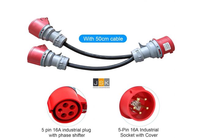 325165/2 CEE Splitter, Stroomverdeler, stroomkabel, 16A, 230V, 5x4 mm², adapter 32A naar 16A, sterke stroomstekker, fasespatel, 5-polige CEE-stekker, IP44, verlengkabel, 50 cm, voor industrie, buiten