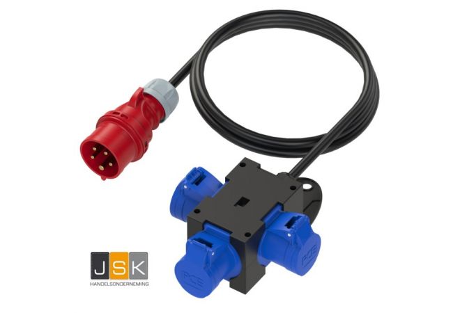 PCE 9400439 Mobiele adapterbox type St.Anton met 1,5 m kabel H07RN-F 5G1,5 mm² en stekker 16A 5-polig 400V. Uitgang: 3x CEE Cara-stopcontact 16A 3-polig 230V niet gezekerd - 107119