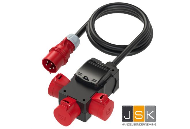 PCE 9439005 Distribution box plastic mobile ST.ANTON 6F 3x32/5 2m5G6St32 Ea IP44 2m cable H07RN-F 5G6mm2 black with plug 32A 5p 400V 3xCEE-socket 32A 5p 400V protected with pre-fuse of supply line