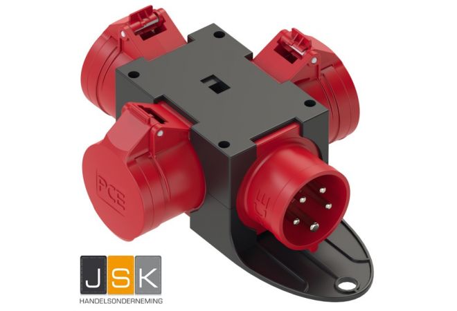 PCE Kompaktverteiler 1x CEE-Phasenw.-Anbaustecker 16A 5p.+3x CEE-Dosen 16A 5p. IP44 Artnr. 9430453 16A CEE-verdeler 16A met fase-inverter (CEE faseomkeerschakeling stekker 16 A 5-polig)