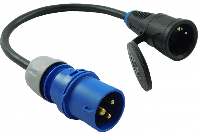 Stekkerovergang adapter 1 fase CEE 32A naar schuko, Verloopkabel CEE stekker 32A 3-polig blauw naar 2-polig 230V Schuko contrastekker vrouw 323162