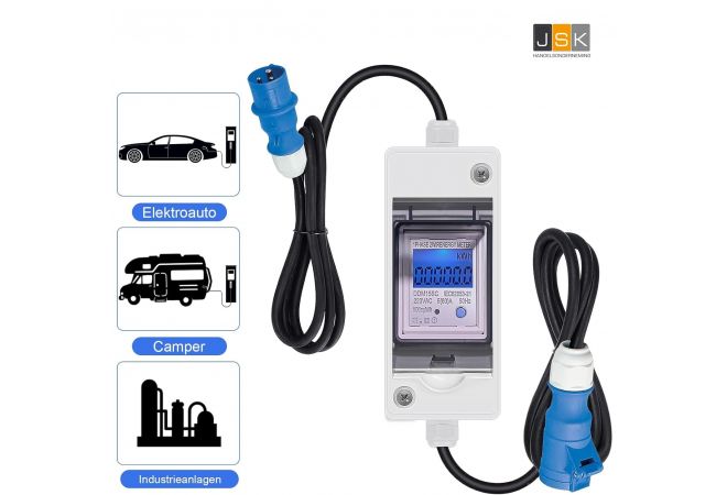 Mobiele digitale stroommeter, 3G1.5 3P 16A verdeler-teller met 2 x 1,5 m Euro-stekkerkabel, outdoor kilowatt-uurteller, IP65 waterdicht, geschikt voor caravans, elektrische voertuigen, huizen en meer